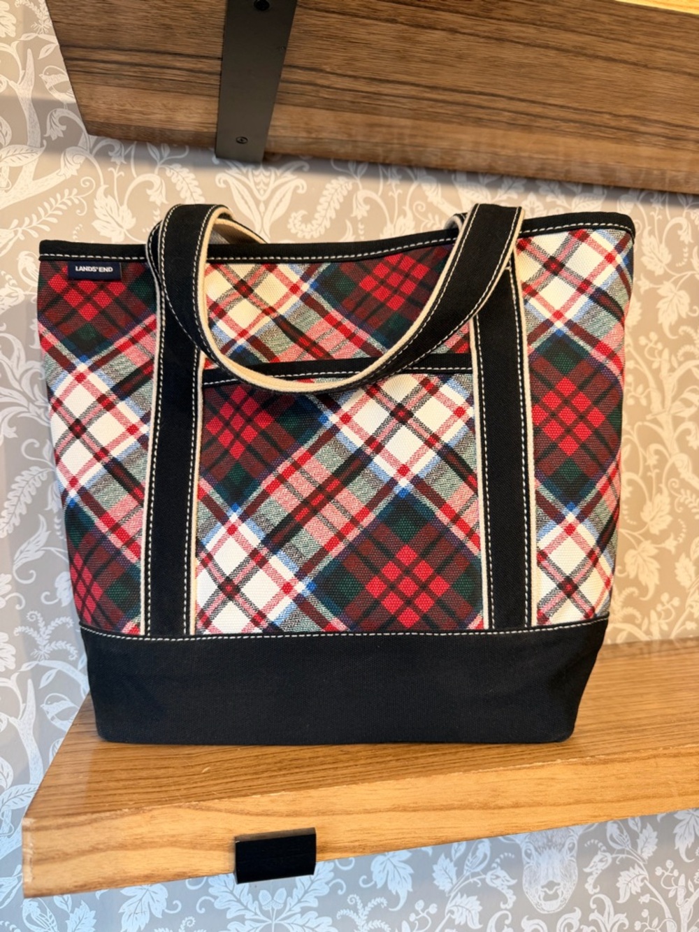 Lands Ends Plaid Canvas Black & Red Multicolor Open Top Tote NWOT SOLD OUT